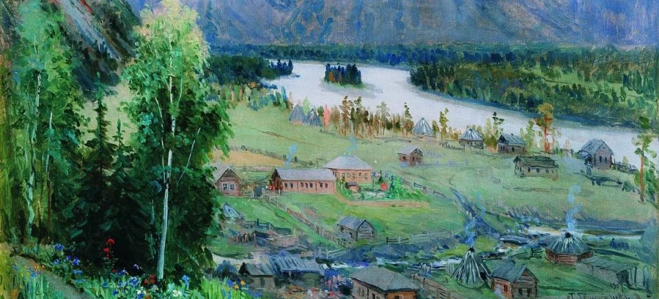 Село Анос с усадьбой художника над Катунью — картина Г. И. Чорос-Гуркина, 1909